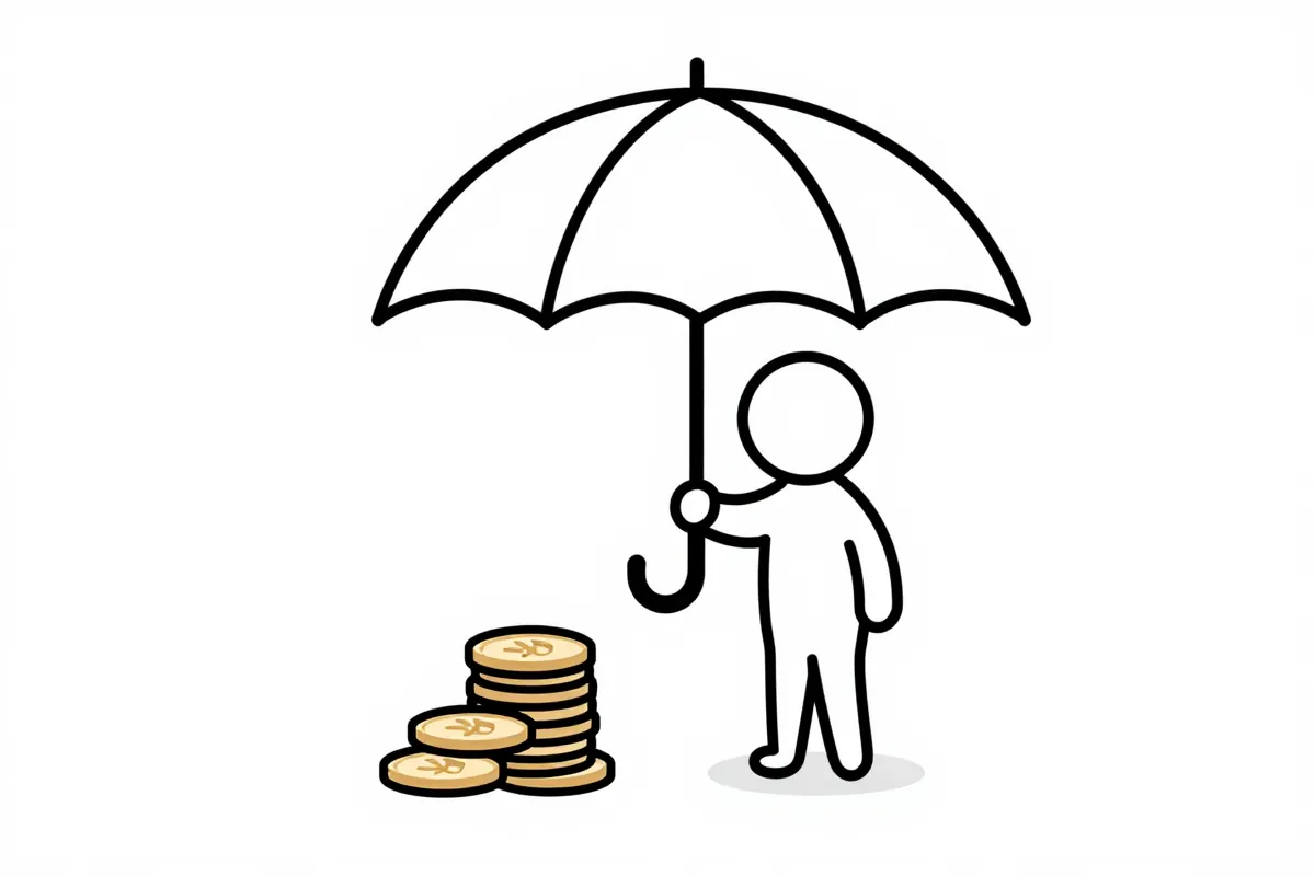 an umbrella shielding a stack of coins from rain