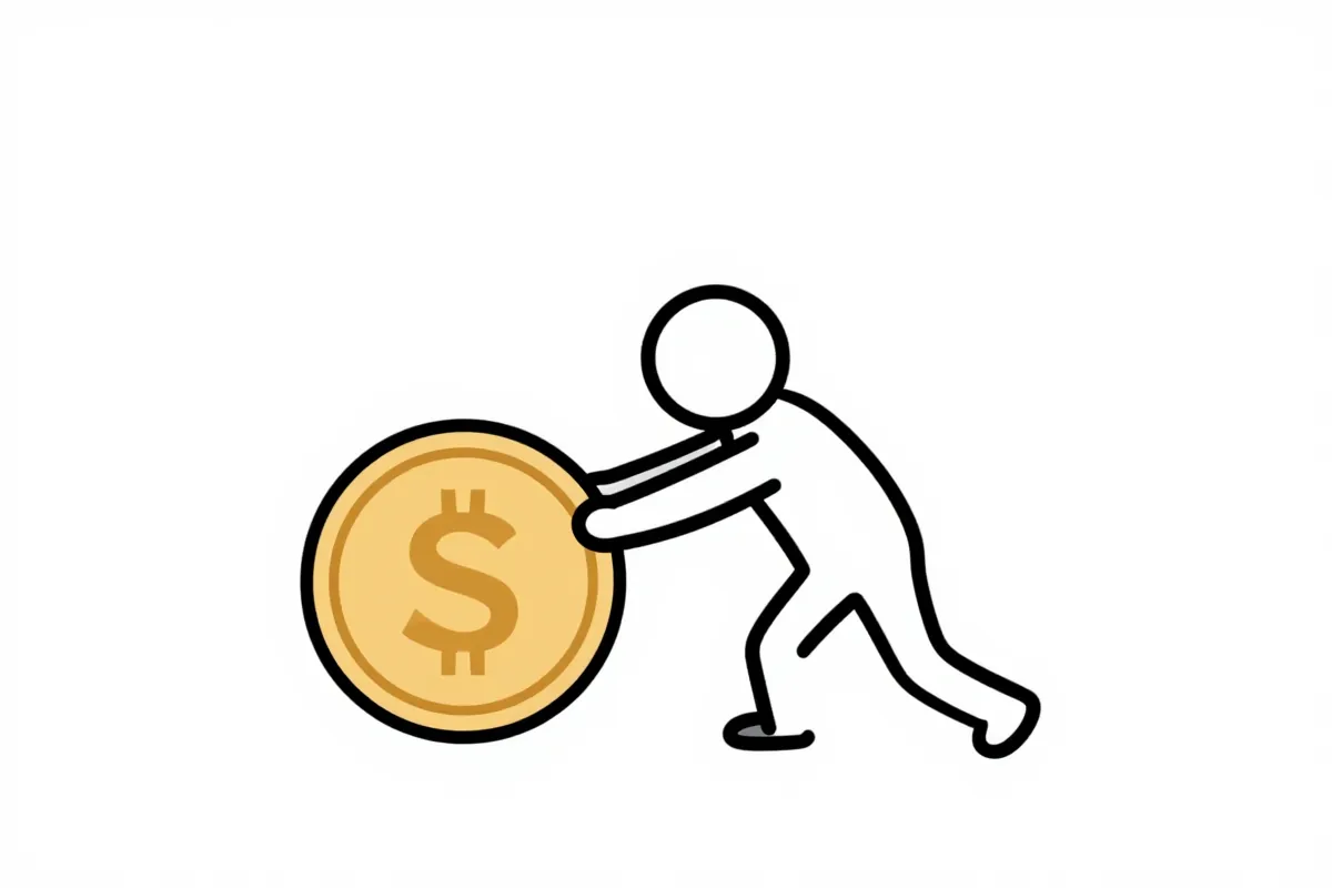 a stick figure pushing a large coin uphill
