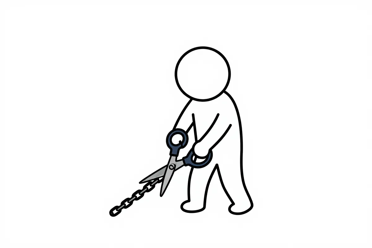 a stick figure cutting a chain with scissors