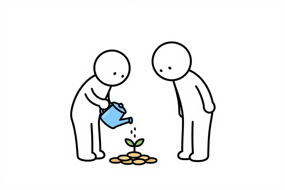 a stick figure watering a small plant growing from coins