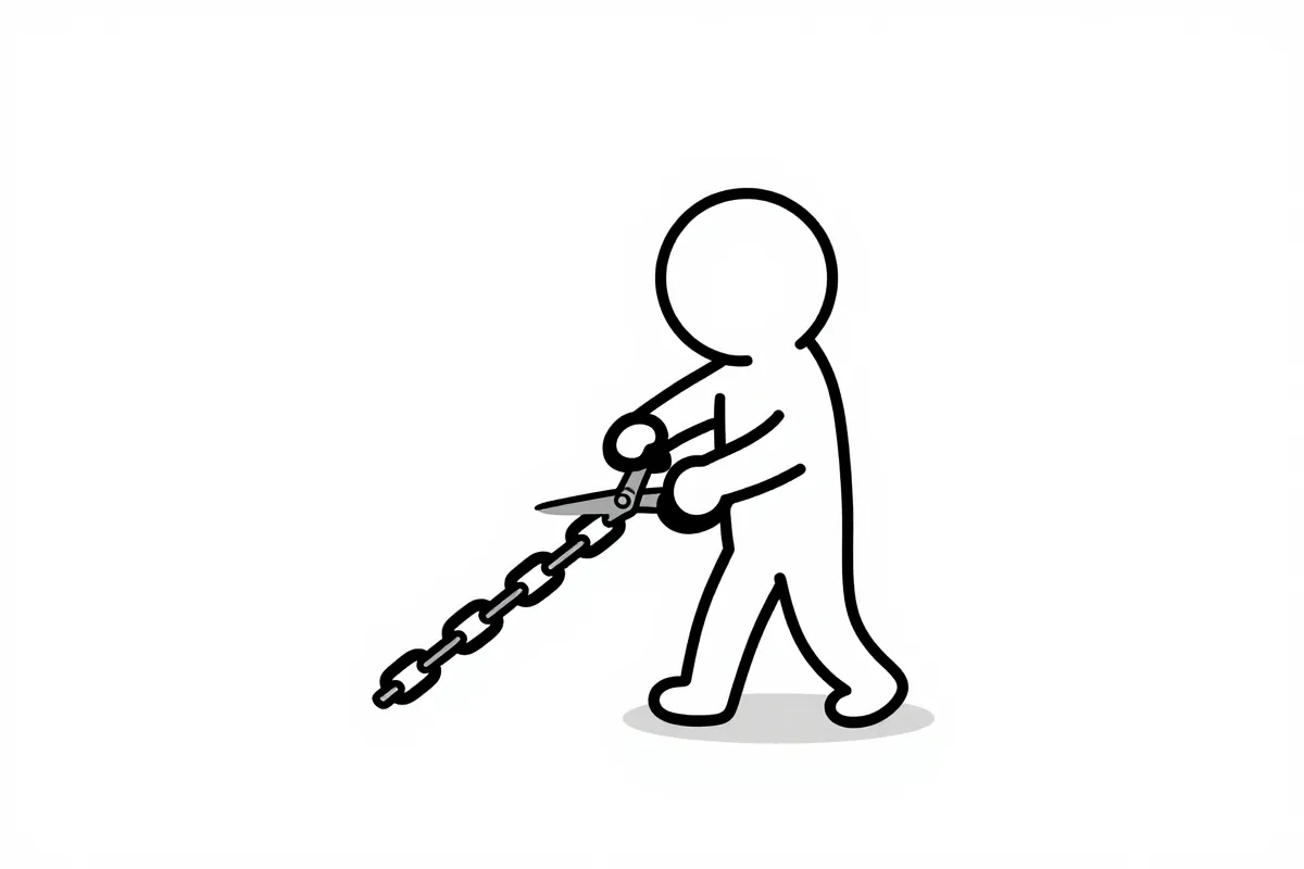 a stick figure cutting a chain with scissors