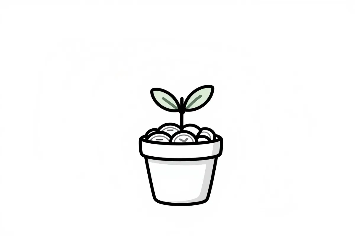 a small plant growing out of a pot filled with coins