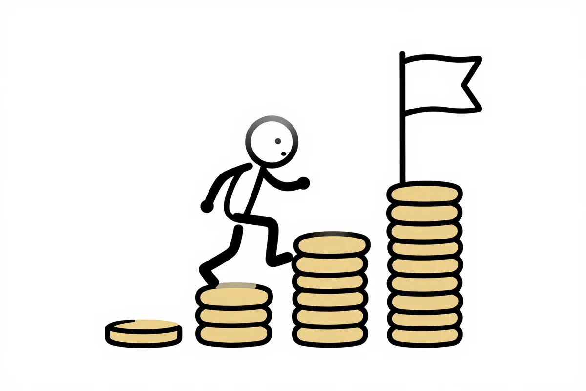 a stick figure climbing a staircase made of coins toward a flag
