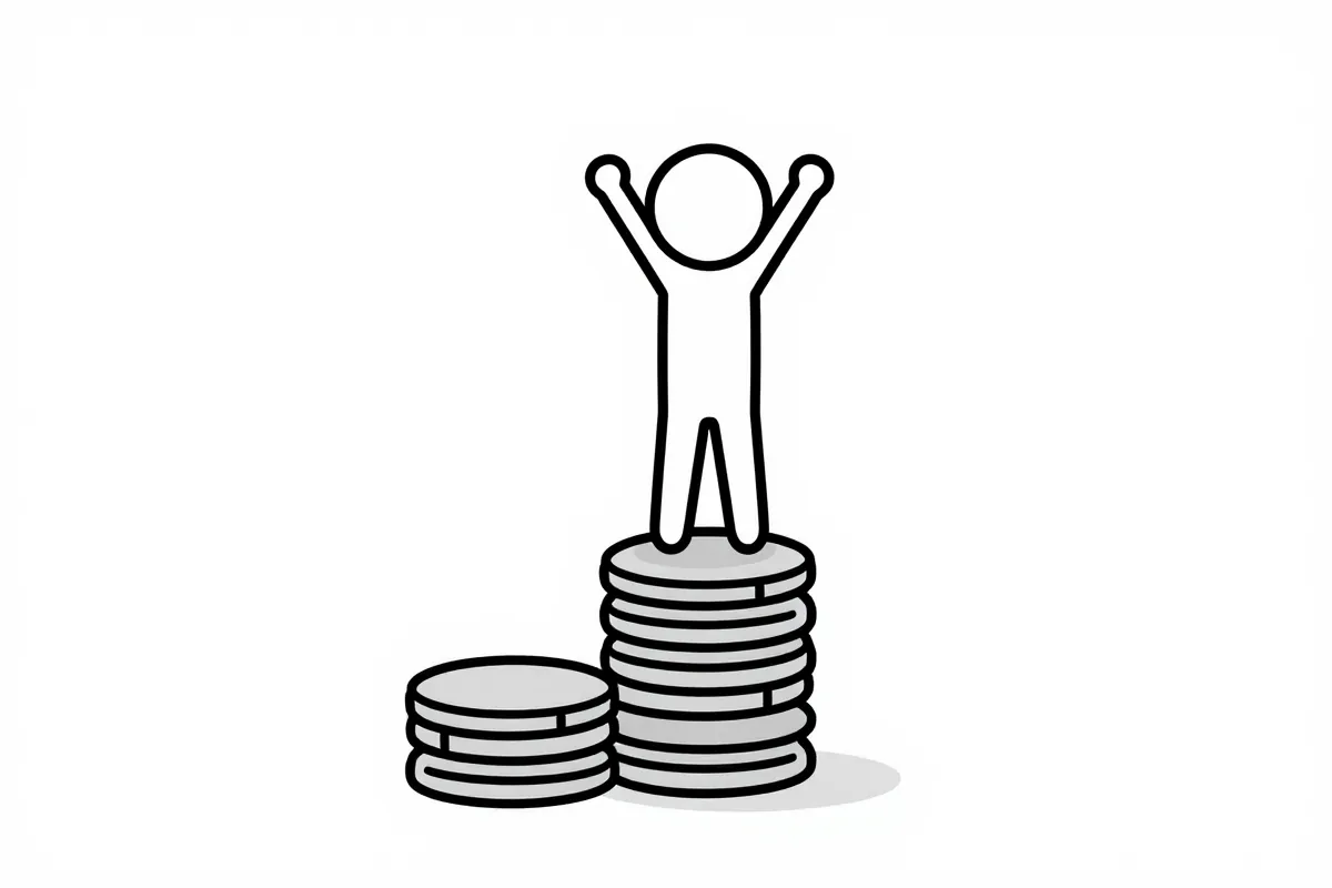 a stick figure standing on a tall stack of coins raising both arms in victory