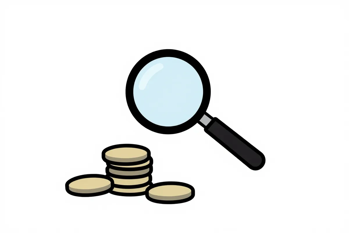 a magnifying glass over a pile of coins