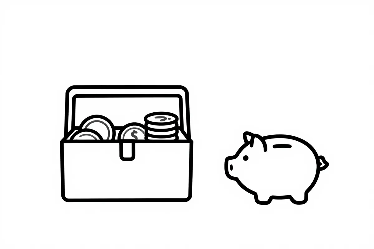a simple toolbox with coins and a tiny piggy bank, tools laid out neatly in a row