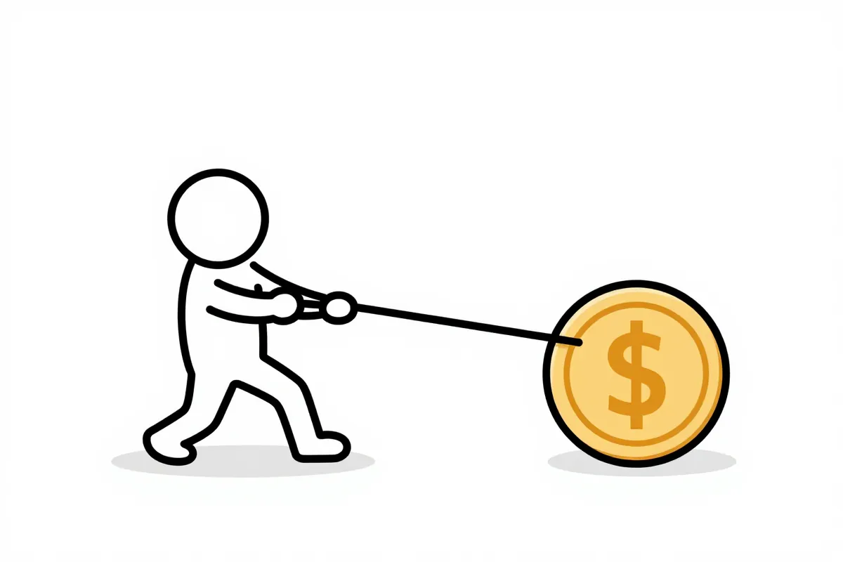 a stick figure pulling a rope tied to a giant coin
