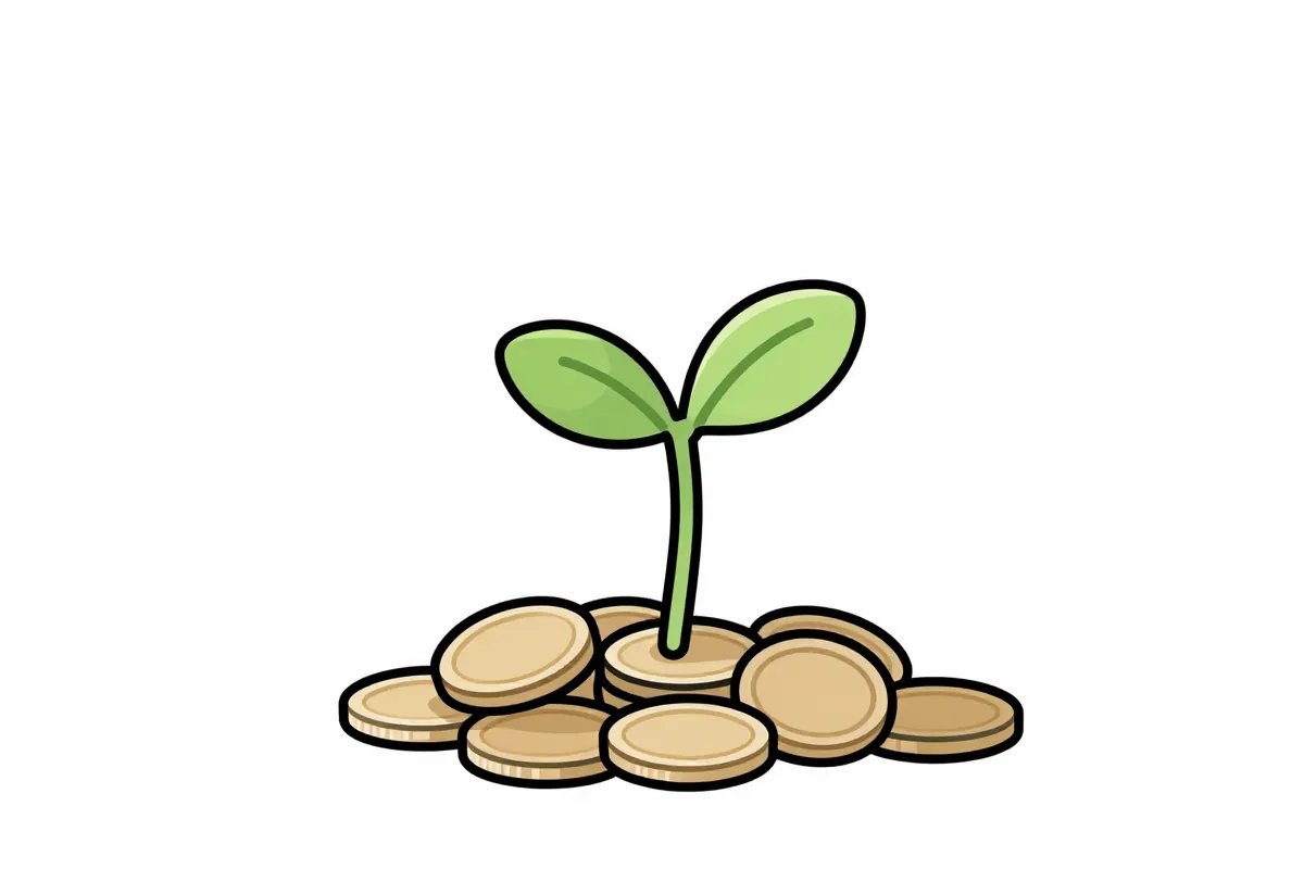 a seedling sprouting from a pile of coins